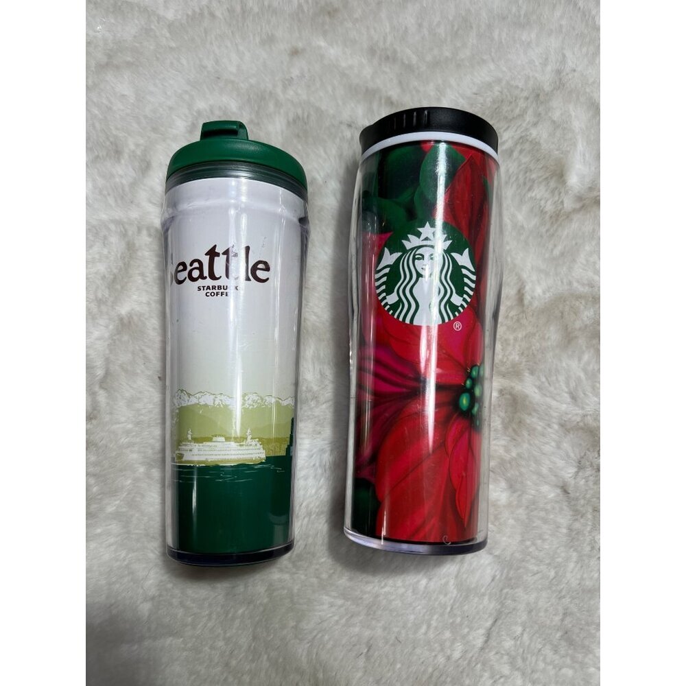Starbucks Seattle and Christmas Poinsettia travel coffee mug lot